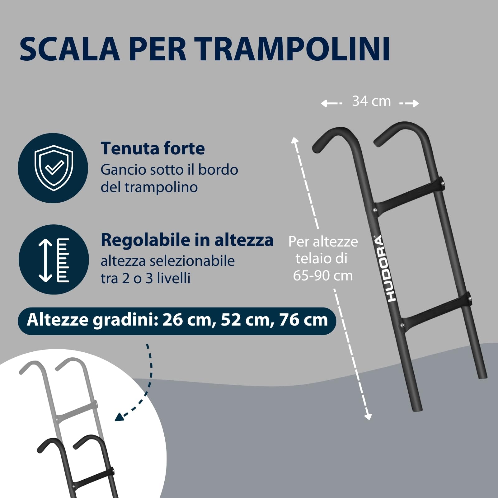 HUDORA Scaletta per trampolino - scaletta regolabile per tappeto elastico con 2-3 pioli - scala di sicurezza stabile in acciaio verniciato a polvere per trampolini outdoor - per più altezze