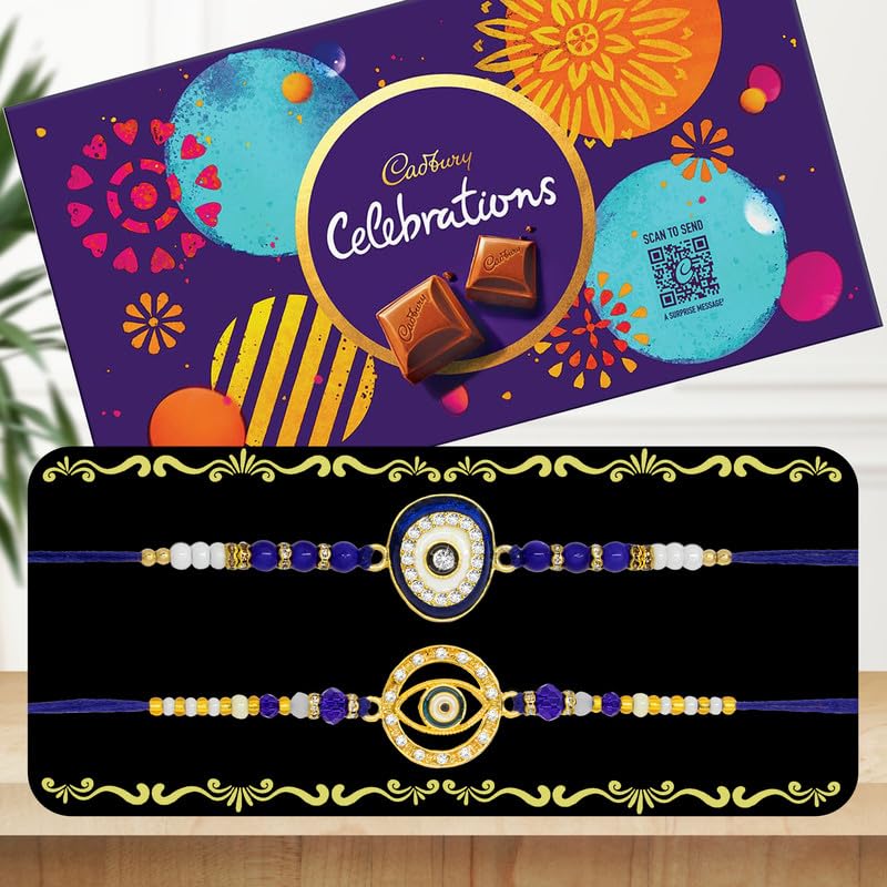 Image of Canton Rakhi Combo Gift Hamper Pack of 2 Rakhi For Brother With Chocolate, Rakhi With Cadbury, Greeting Card & Roli Tilak (Design-7, 2 Rakhi With Celebration)