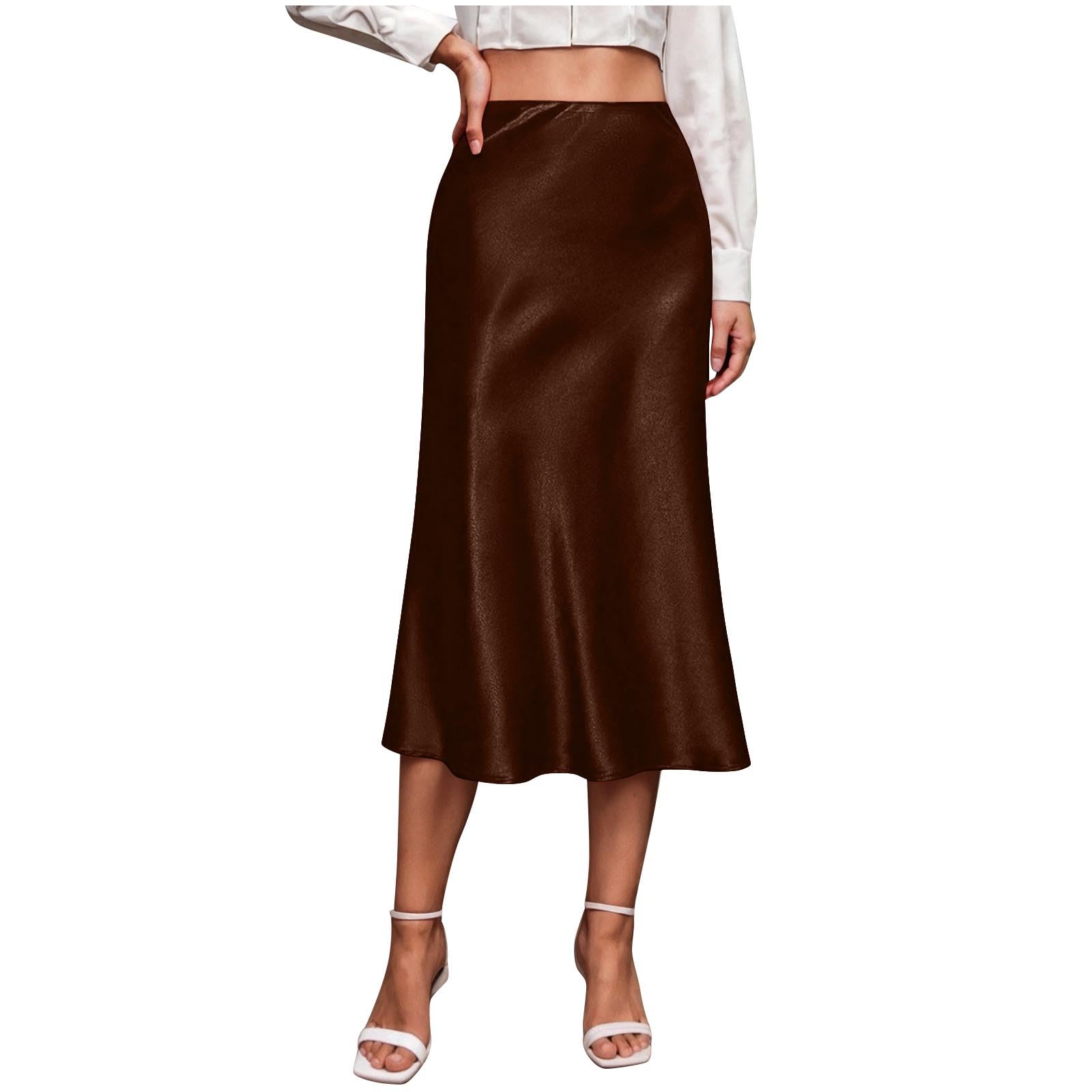 Womens Satin Midi Skirt with Side Zipper - Solid High Waist Slip Skort, Elegant Knee-Length Silk Skirt for Dinner — view 6