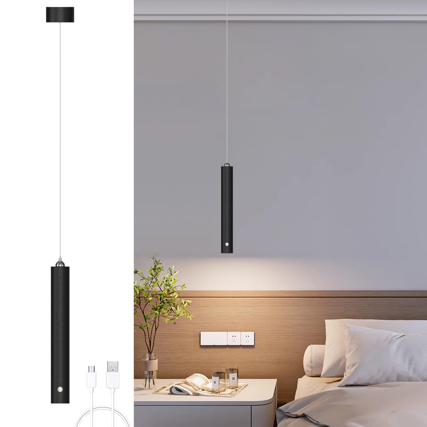 ACMHNC Akku Pendelleuchte Schwarz LED Hängelampe mit Batterie, 4500 mAh, Touch Dimmbar 3 Farben,Höhenverstellbar, Zylinder Pendelleuchte Batteriebetriebene für Nachttisch Schlafzimmer, Ø4x30cm