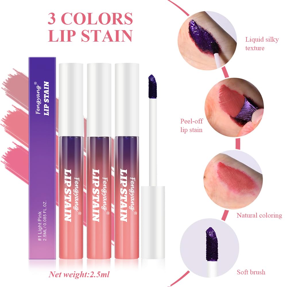 Fengyang® Peel Off Lip Stain Lip Tint Set,Peel Off Matte Lip Gloss,Matte Liquid Lipstick,Lip Gloss Water-Proof Lip Tint Stain Non-stick Cup Peel Off Lipstick Lip Makeup for Women(3Pcs) - Image 3