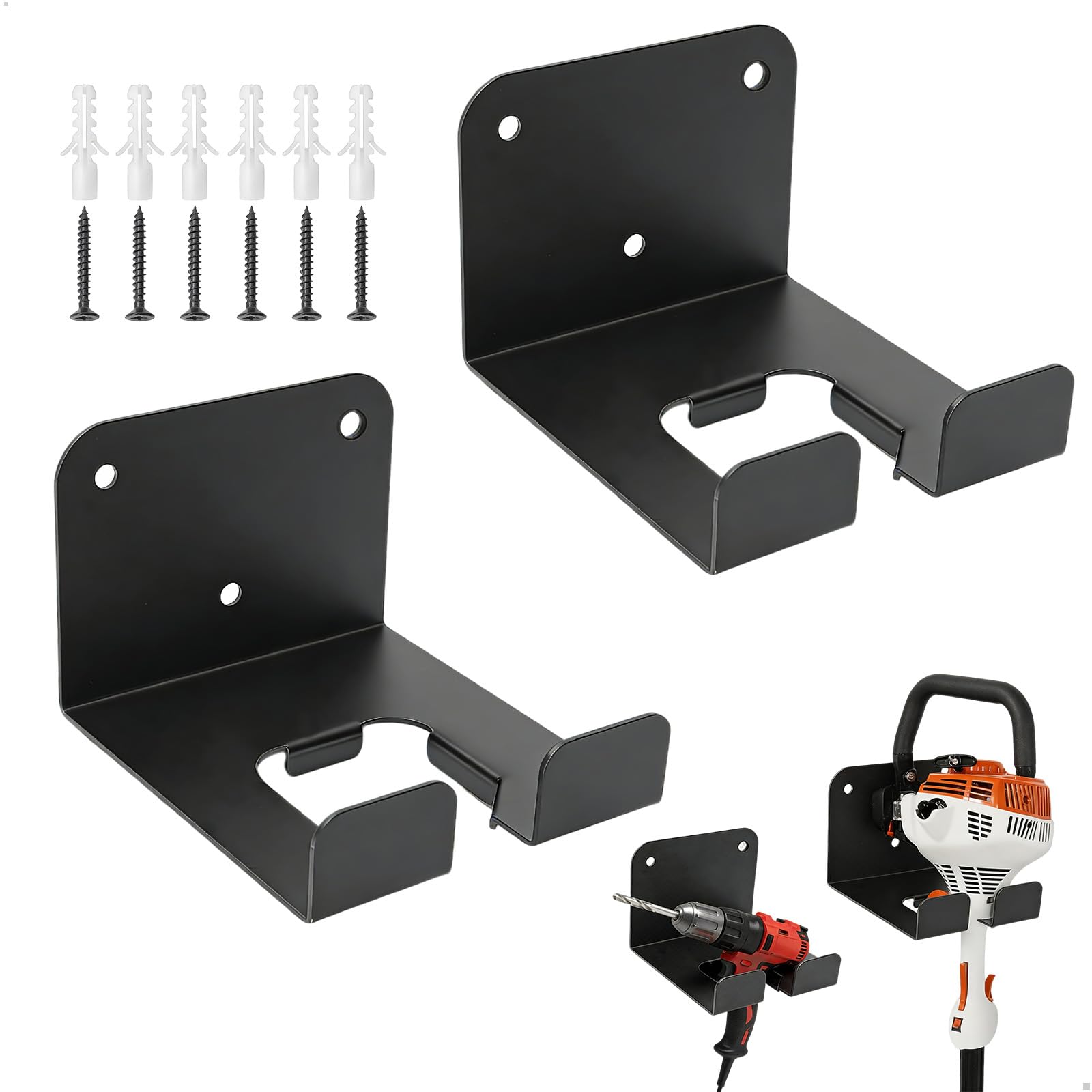 Soporte para Herramientas de Jardinería, Organizador de Pared con Ganchos, Porta Herramientas para Motosierras de Poda y Podadora Eléctrica, de Acero para Palas Escobas, Negro 2 Unidades