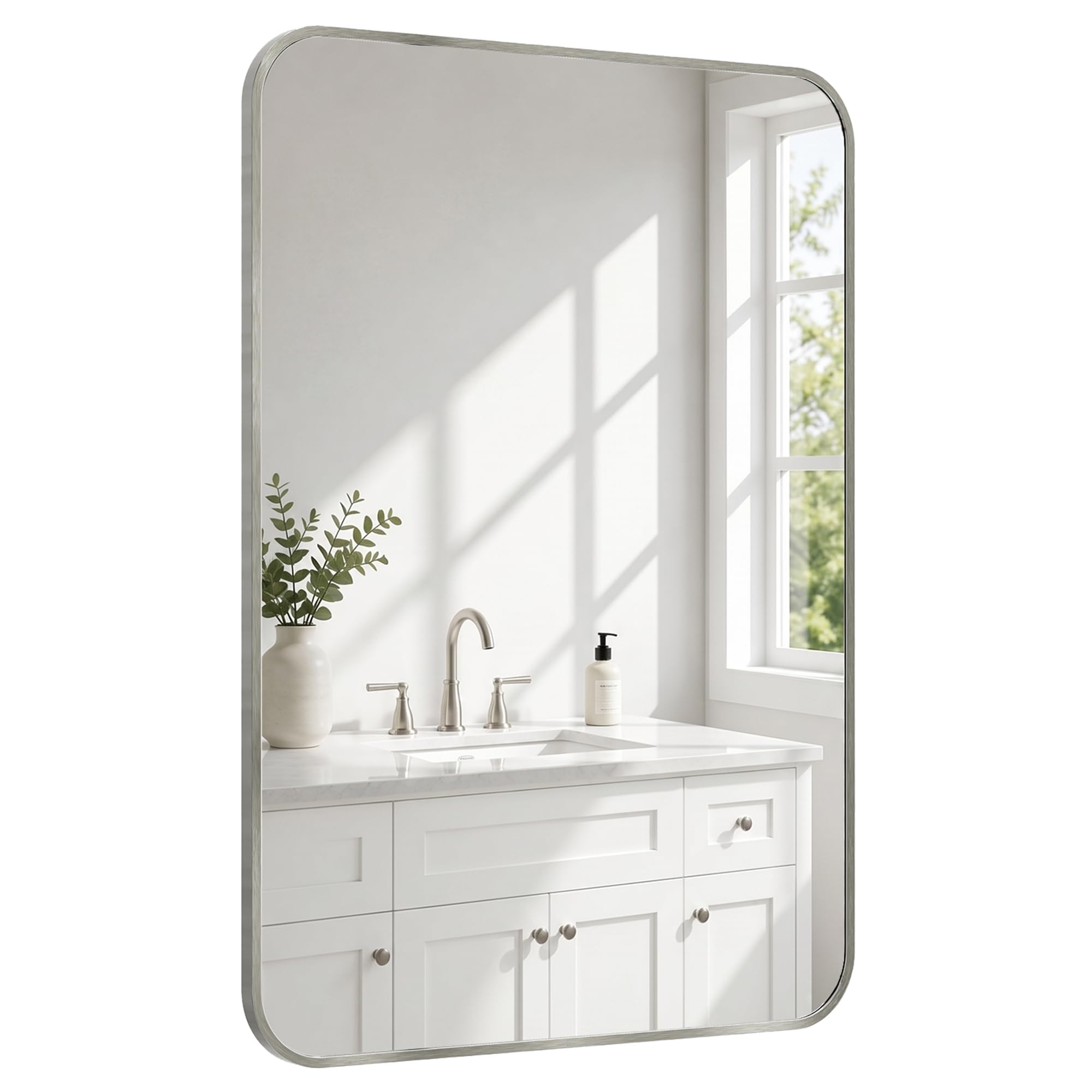 Pocetry 24x36 Inch Brushed Nickel Rounded Rectangle Bathroom Vanity Mirror