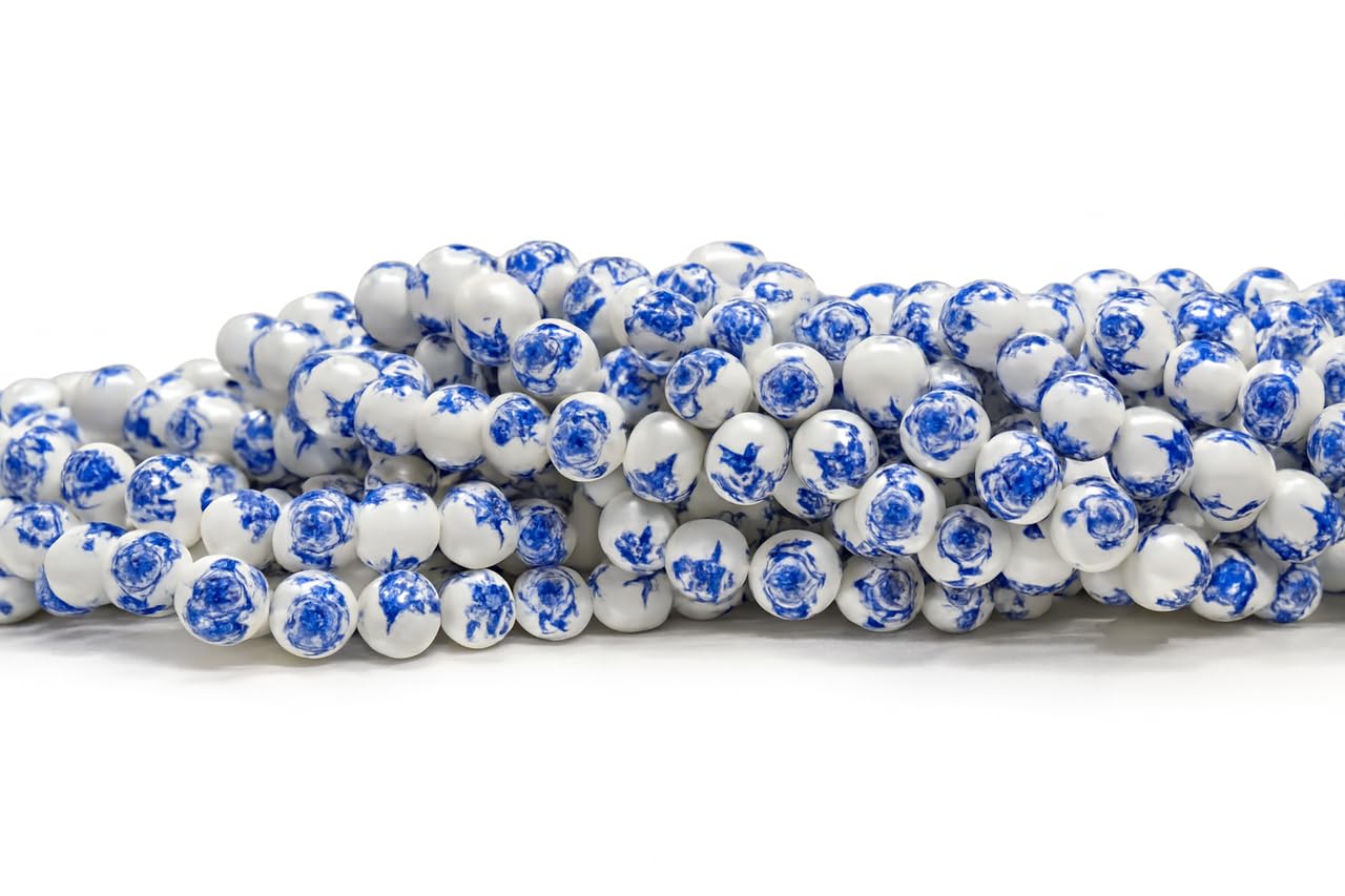 Nagneshi Printed Ceramic Beads – 1 String (Approx. 32 Pieces), 8MM White & Blue Floral Design Round Beads for Jewelry Making, DIY Necklace, Bracelet & Earrings-image-10