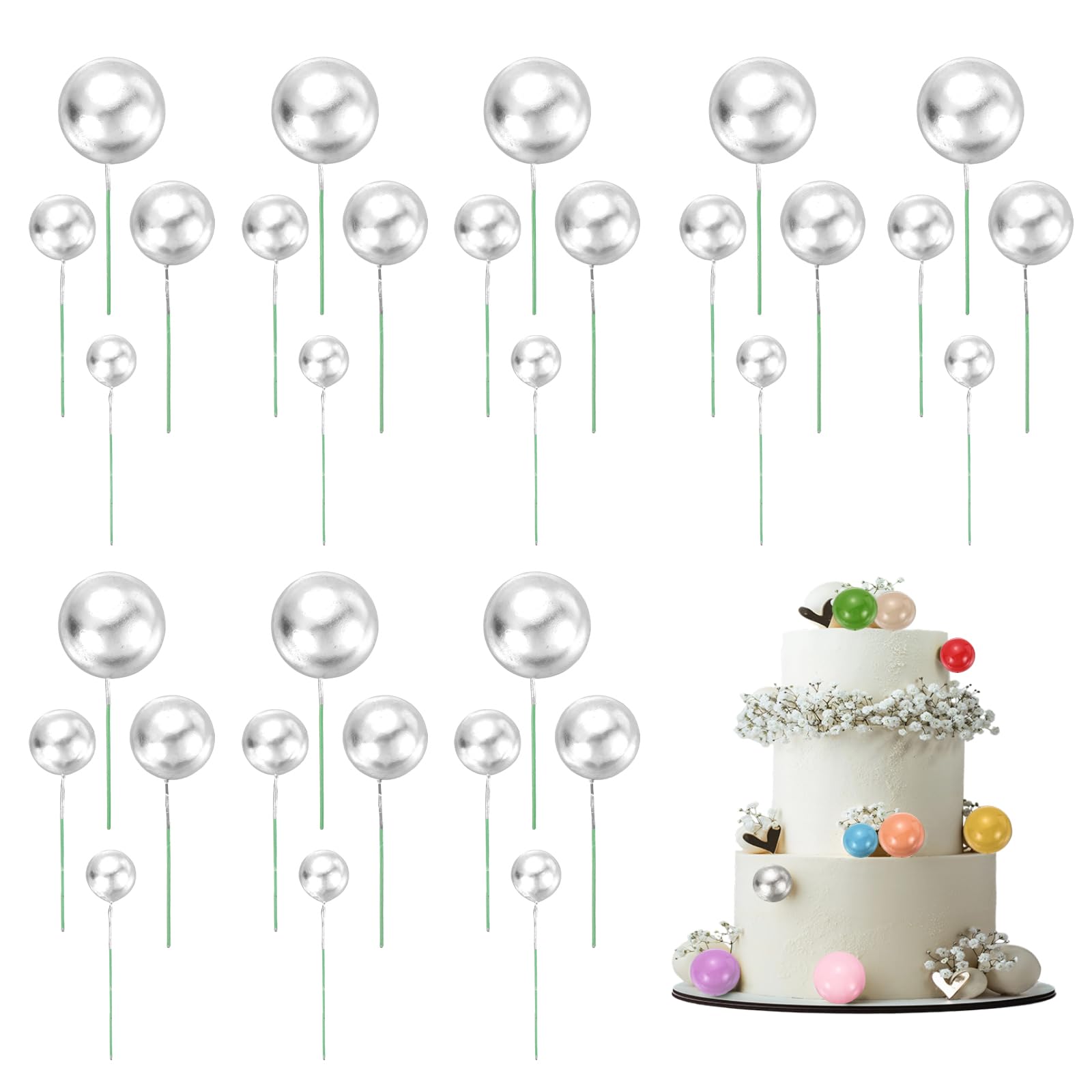 sourcing map 32Pcs Cake Toppers Foam Ball, Cupcake Insert Cake Toppers Cupcakes Decoration Balls for Theme Birthday Party Favors Wedding Halloween Christmas Supplies, Silver โ image 1