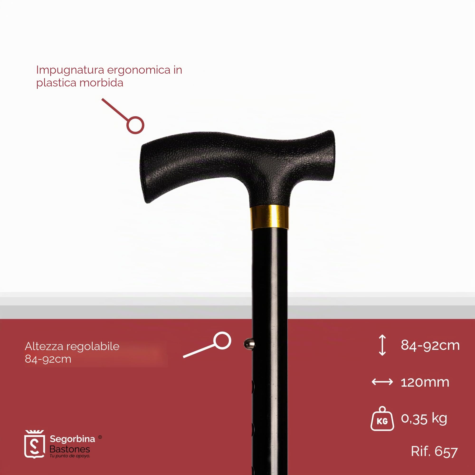 Bastone Cavalletto Passeggiata in alluminio pieghevole e regolabile in altezza 84-92 cm, Colore Nero Polso Soft (657)