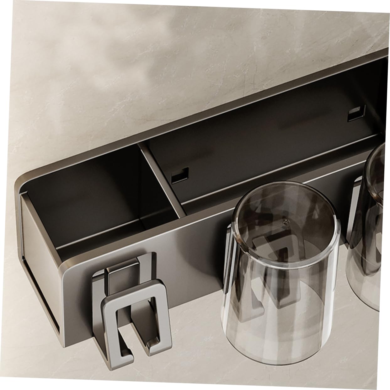 POPETPOP Porta Spazzolini da Muro in Alluminio Spaziale senza Fori Supporto per Bicchiere e Rasoi, Design Moderno e Semplice per Bagno Piastrelle in Ceramica o Vetro