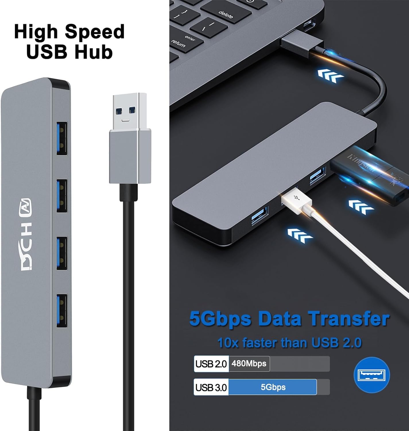 DCHAV Hub USB de 4 puertos, concentrador USB 3.0 multipuerto para computadora portátil, divisor USB múltiple 1 en 4 salidas expansor para teclado, mouse, unidad flash, impresora compatible con