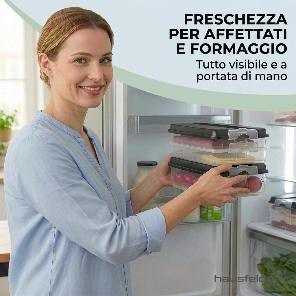 Hausfelder contenitore salvafreschezza per affettati set vassoi frigo, impilabili con coperchio, scatola di conservazione del frigorifero per salumi (3x bassi, 2x alti)