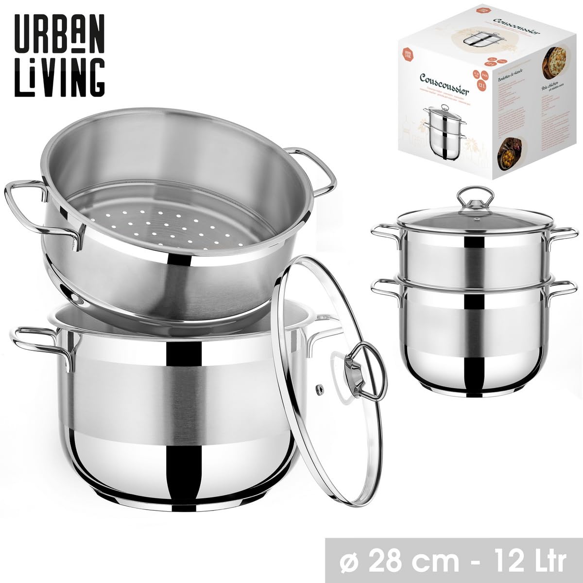 COUSCOUSSIER TOUS FEUX AVEC COUVERCLE EN VERRE 12LTR, Argenté
