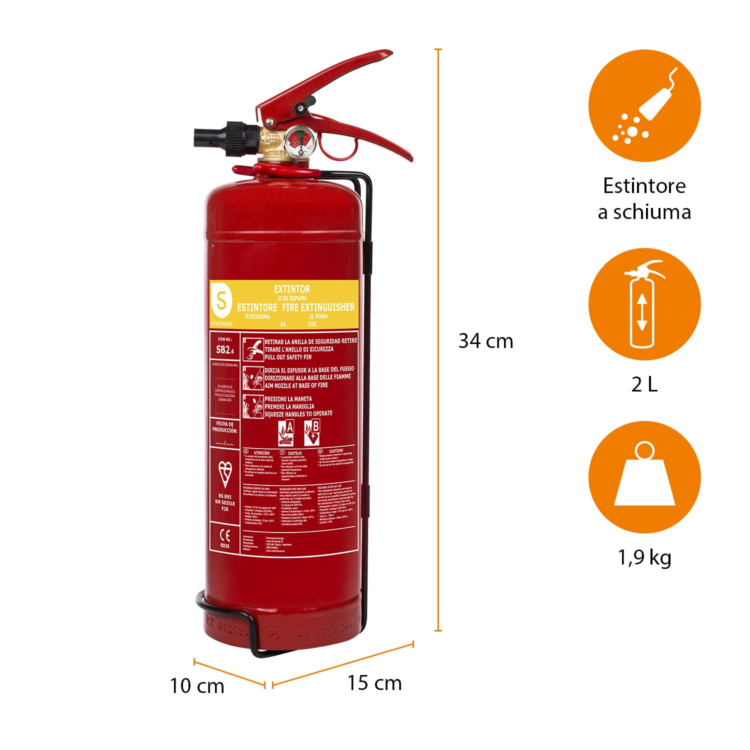 Smartwares Estintore a Schiuma - 2 Litri - AB - Incluso Supporto, Certificato BSI - FEX-15222, rosso