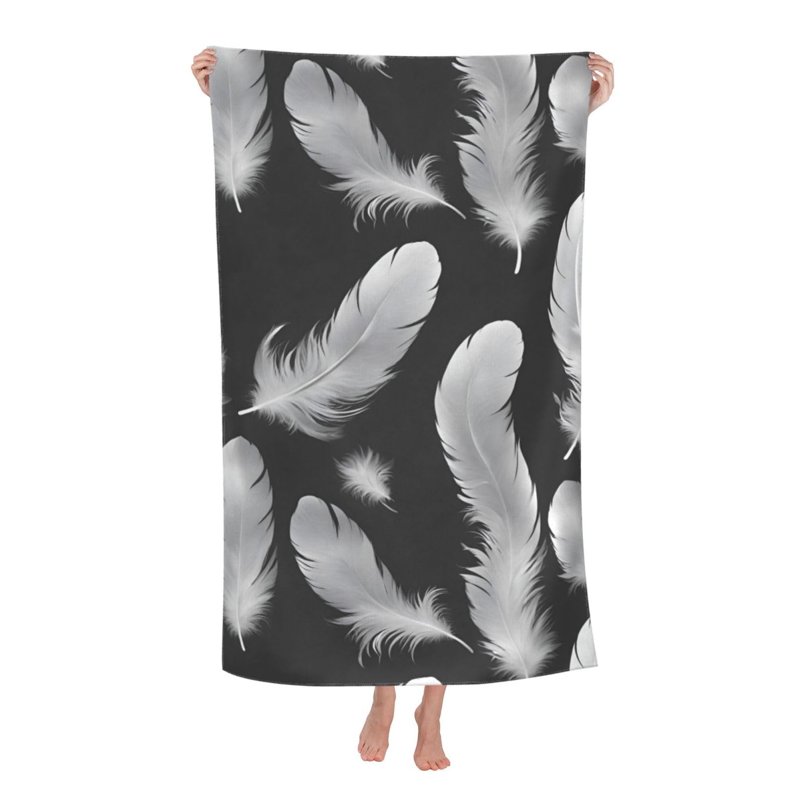 Pojknbv White Feather Print Oversized Adult Beach Towel Quick-Dry Comfortable Lightweight Travel Pool Camping