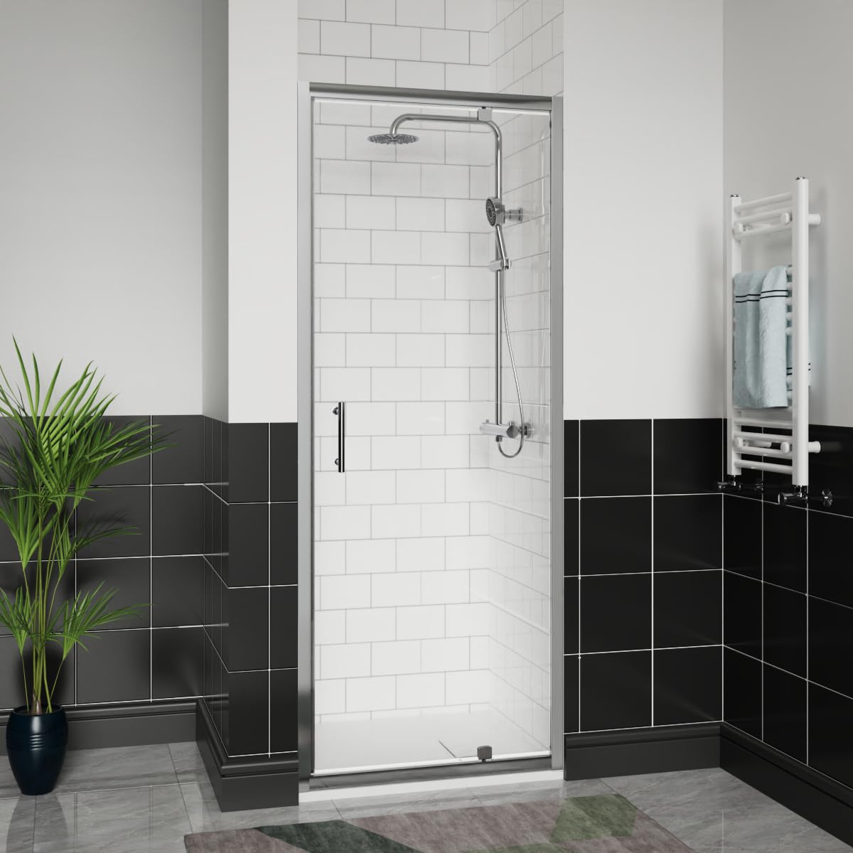 Aquariss 800x700mm Chrome Pivot Alloy Hinge Shower Door Enclosure with 700mm Clear Self Clean 6mm Shower Door Screen, White SMC Anti Slip Shower Tray and 90mm Waste