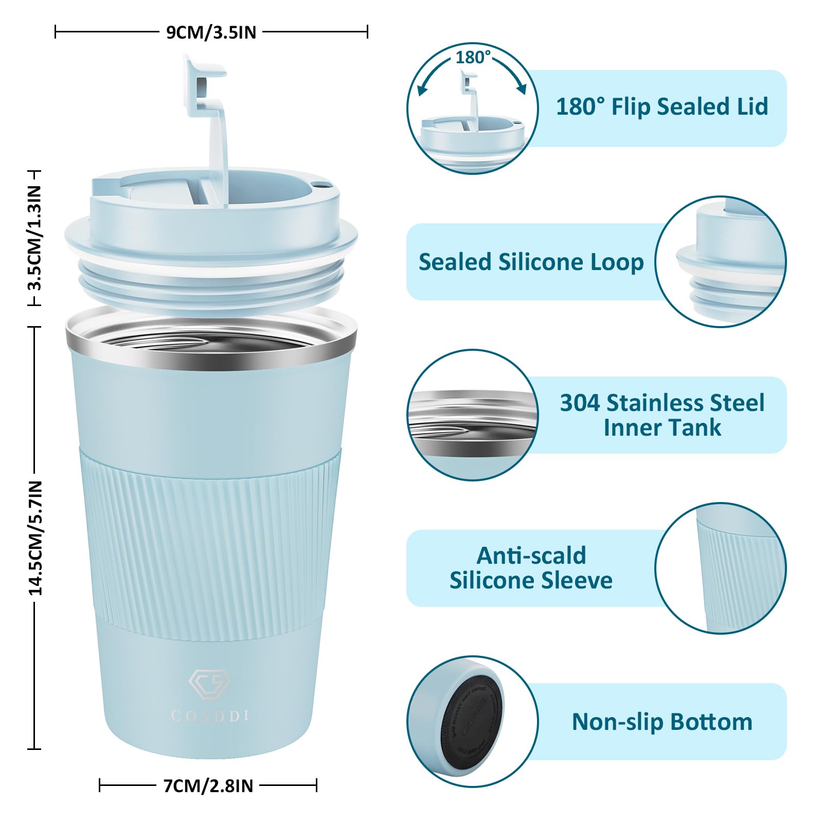CS COSDDI Travel Mugs, Insulated Coffee Cup with Leakproof Lid, Reusable Coffee Cups Travel, Car Coffee Cup - Image 2