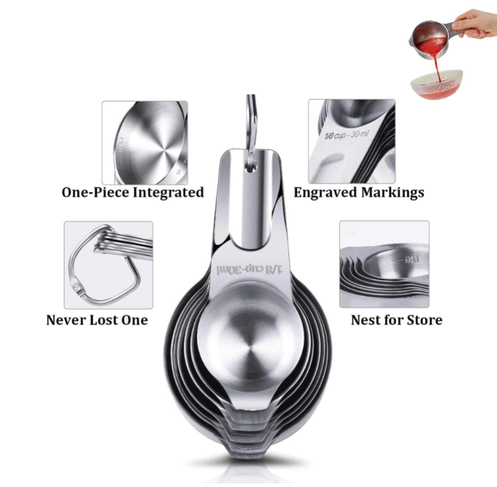 Messbecher aus Edelstahl, 7-teilig, stapelbar, für trockene oder flüssige Zutaten, Küchenhelfer und Utensilien, Metall-Messbecher, ideal zum Kochen und Backen