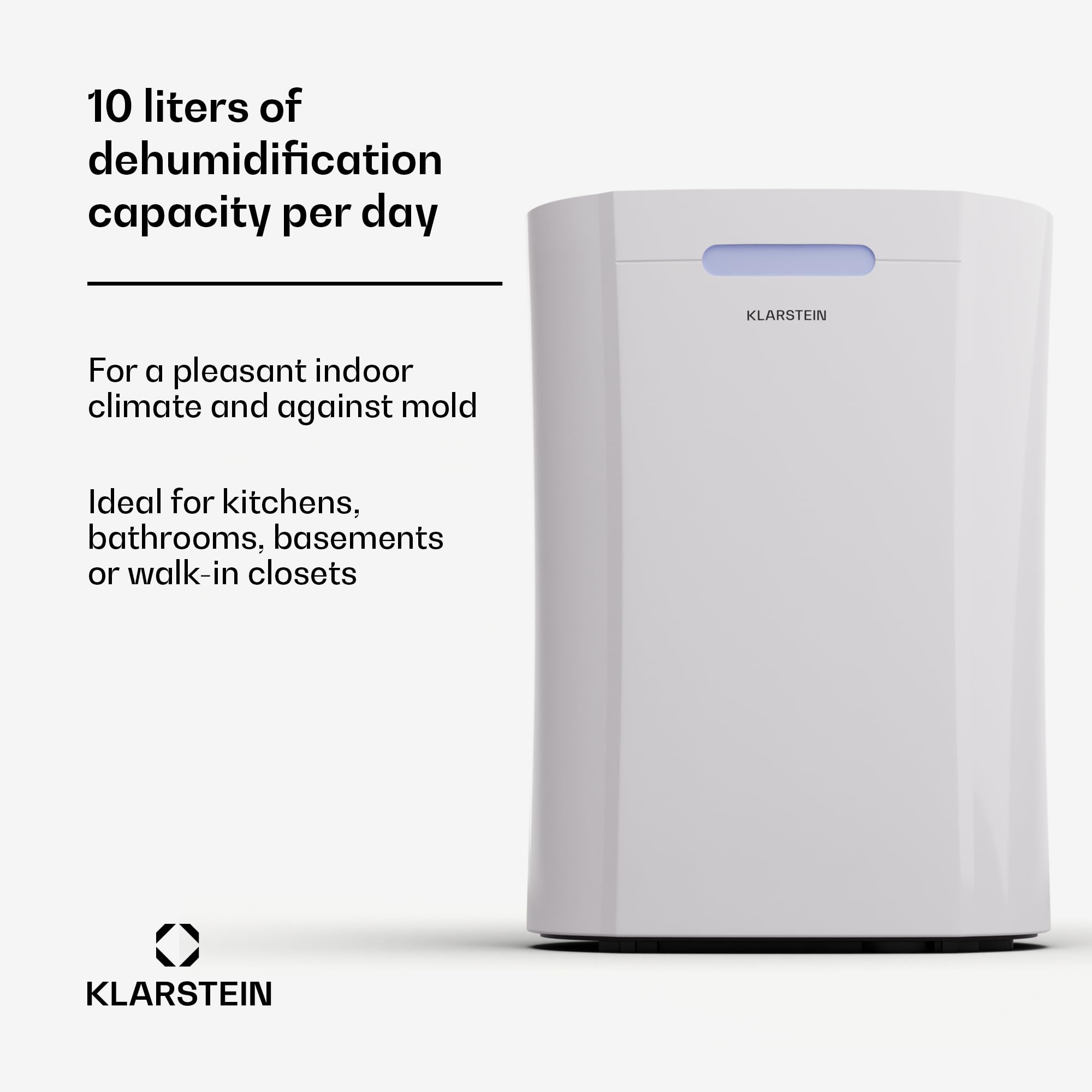 Klarstein Osuszacz powietrza elektryczny, Osuszacz do mieszkania, łazienki i piwnicy, Oszczędny cichy Elektryczny dehumidifier z panelem dotykowym, budowlany o pojemności 10L