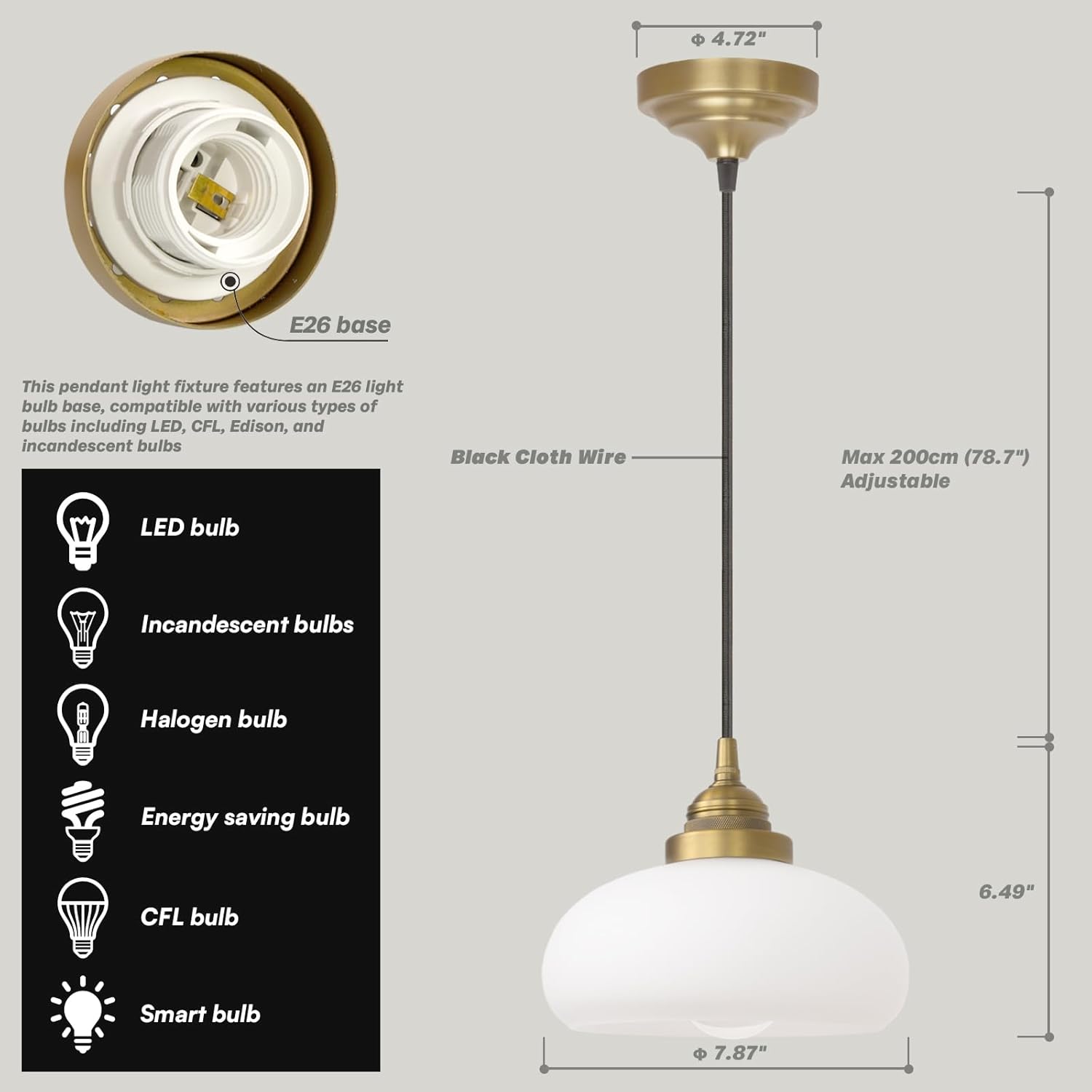 Glass Pendant Lights Kitchen Island, Vintage Pendant Light Fixtures with White Glass Shade, Globe Hanging Ceiling Lamp for Dining Room Bedroom Hallway Stairwell