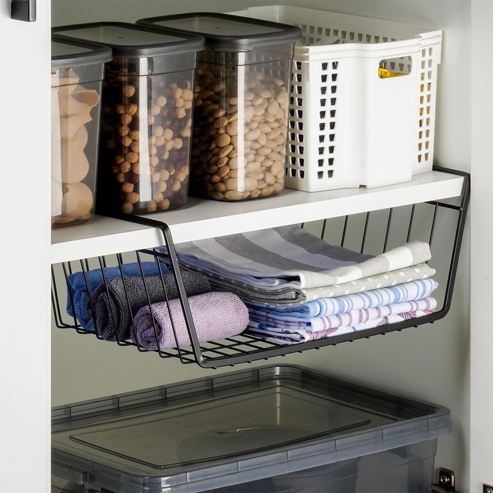 Vilde Lot de 3 paniers inférieurs 40,5 x 26,5 x 14,5 cm en métal noir – Panier suspendu pour étagère sans perçage - Organiseur de cuisine, armoire de bureau, panier de rangement à suspendre sous