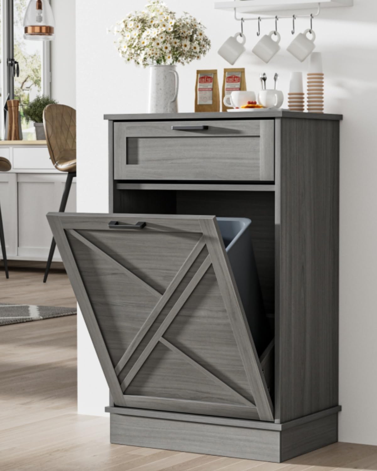 Anmytek 10 Gallon Tilt Out Trash Can Cabinet With Drawer, Freestanding Wood Recycling Kitchen Cabinet, Pet Proof Laundry Hamper for Living Room