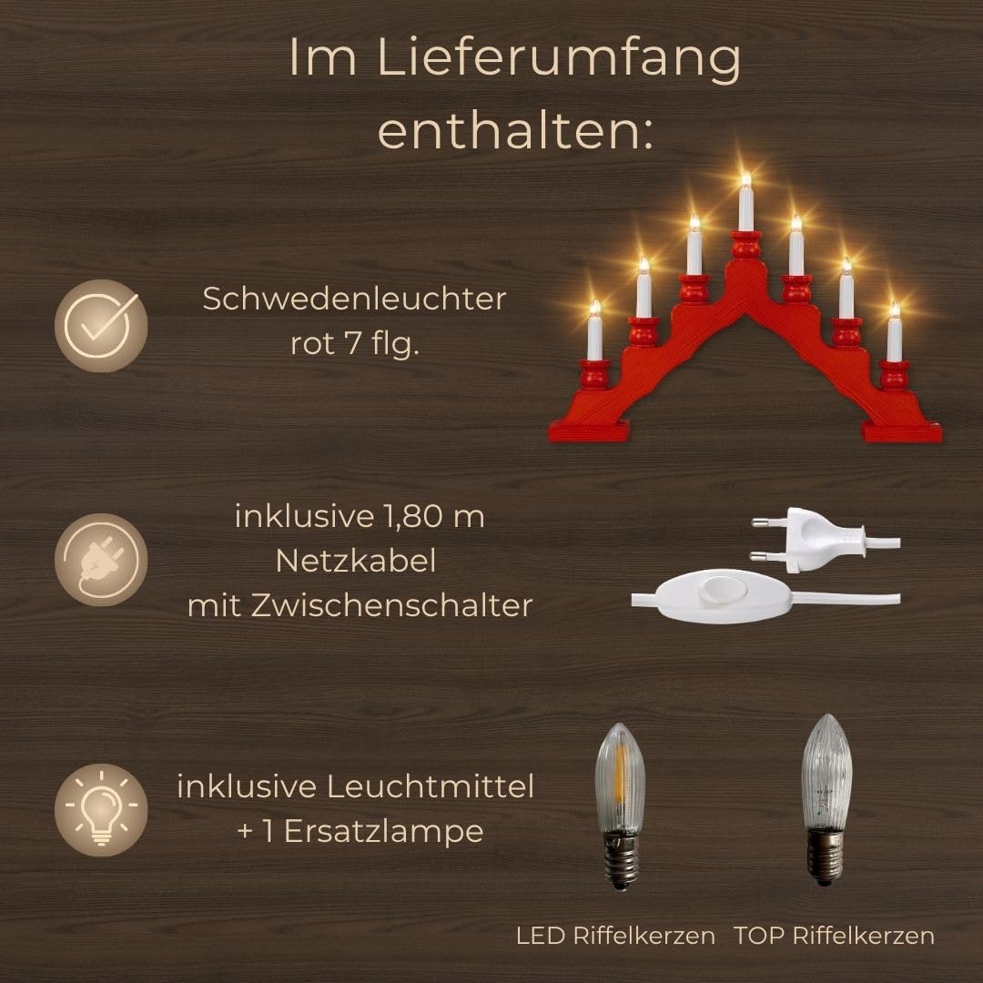 weigla - Schwedenleuchter original Erzgebirge I Trendiger Schwede ROT I LED I Schwibbogen Weihnachten I 7 Lampenkerzen + 1 Ersatzlampe I 7 x 34 V, 0,2 W, E10 I Weihnachtsdeko innen I Kiefernholz