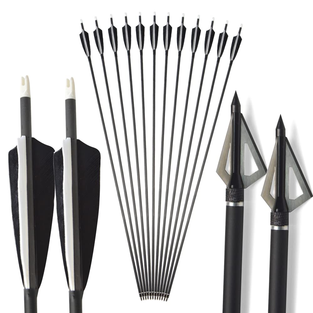 34" Frecce in carbonio Spine 500 Frecce da caccia Piuma naturale con 100 grani punta di freccia sostituibile per arco ricurvo Arco composto Caccia al tiro con l'arco (Frecce + Broadhead)