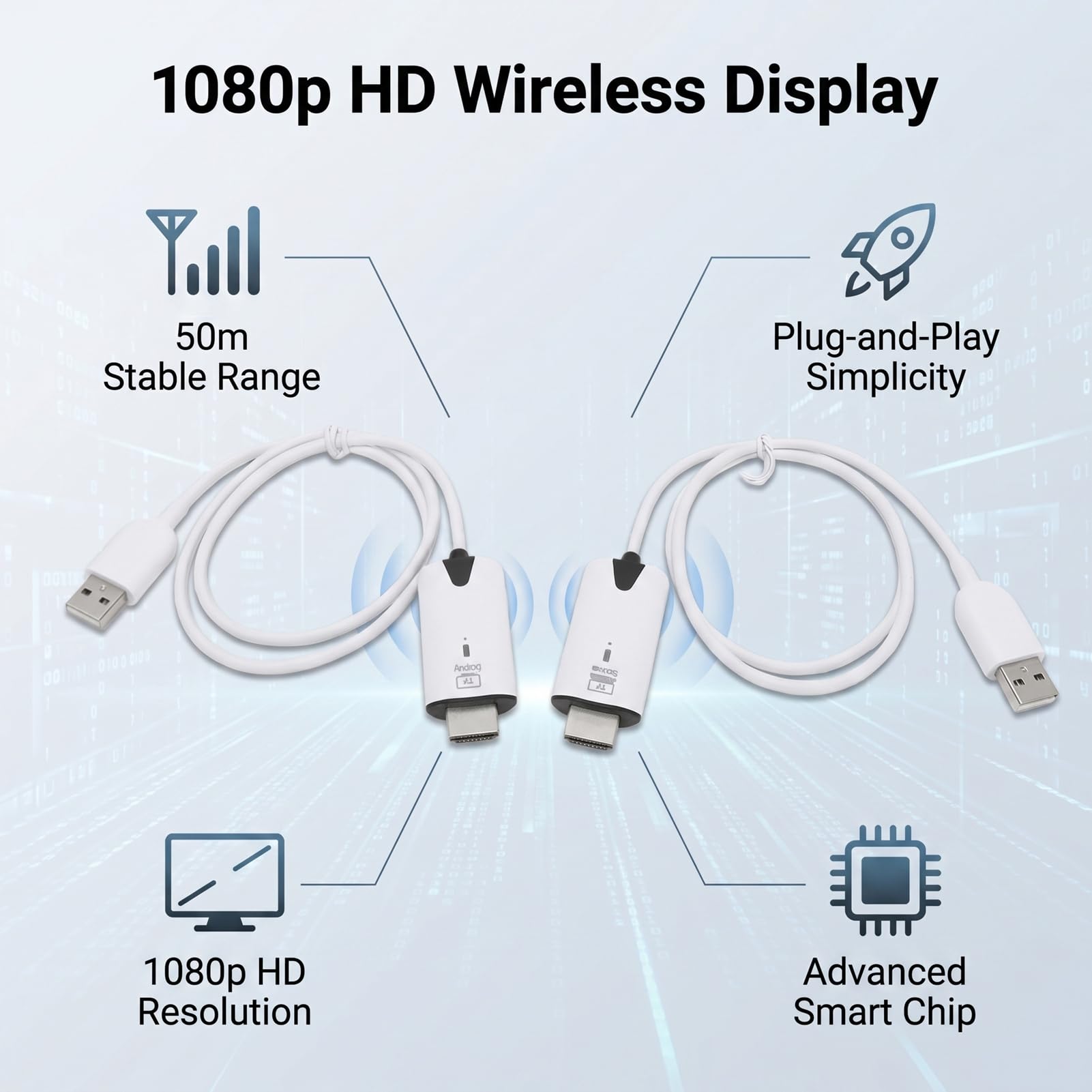 Bezprzewodowy Adapter Wyświetlacza, Kabel do Lustrzanej Kopii Ekranu 1080P Stabilny Transfer w Trybie Plug and Play o Długości 50 M Bez Wi-Fi/aplikacji/Bluetooth, do Komputera,
