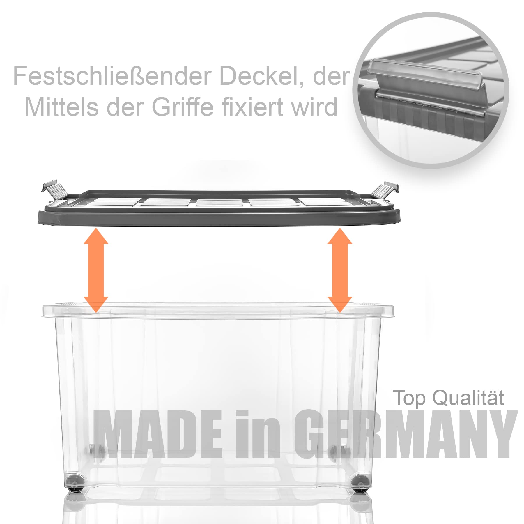 BigDean 3 Stück 60 L Aufbewahrungsbox mit Deckel groß stahlgrau stapelbar | stapelbare robuste Box - rollbare Stapelbox mit festen Klickverschlüssen - Made in Germany