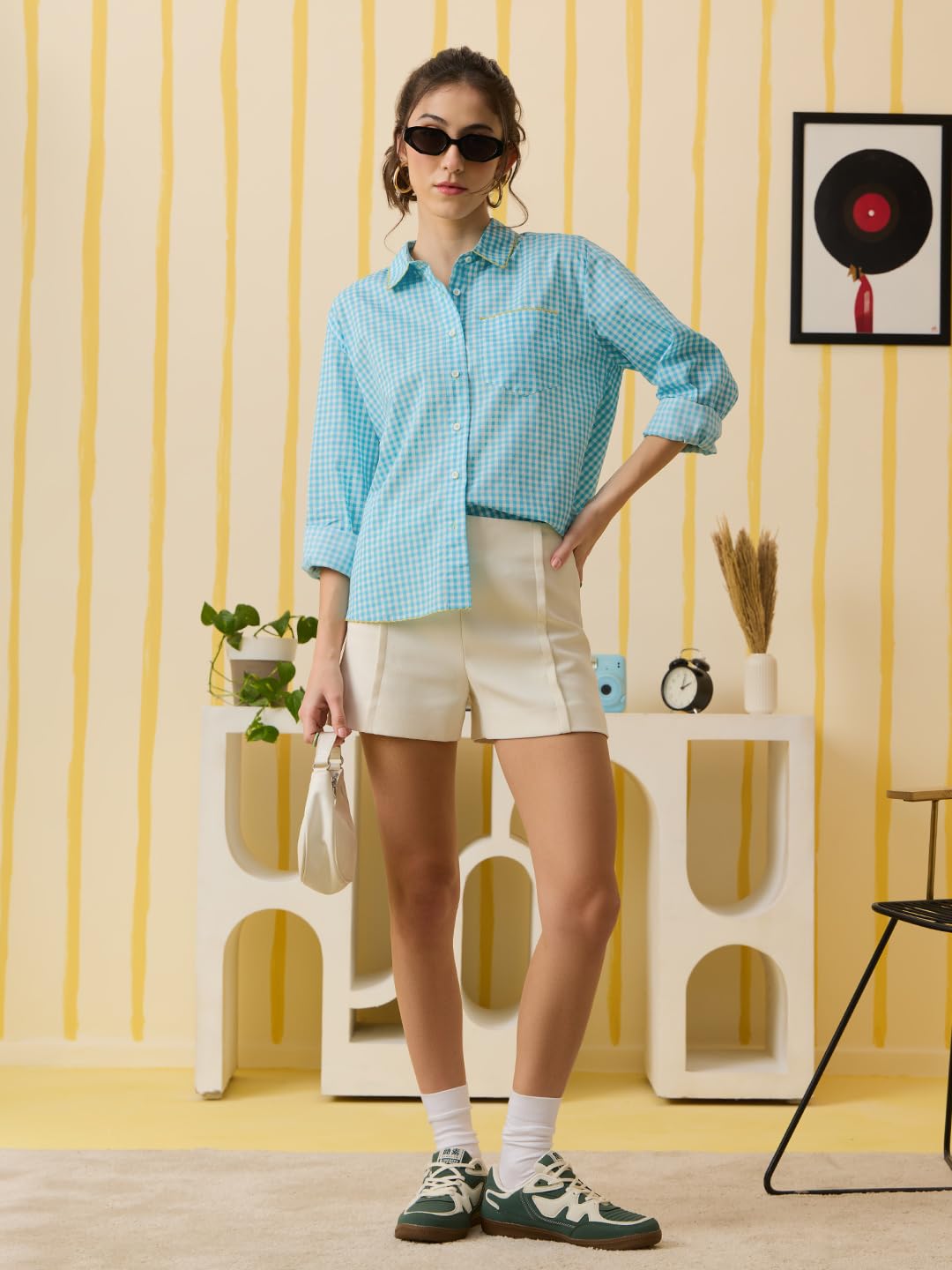 The Souled Store Camicia scozzese: floreale fioritura donne e ragazze maniche lunghe colletto spalmato azzurro e bianco a quadretti grafica stampata 100% cotone vestibilità oversize traspirante