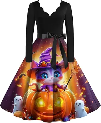 OIOLOYJM Sexy Plus Size Halloween Costumes Woman 2025 Long Sleeve V Neck Printed Gothic Retro Formal Party Dresses for Women