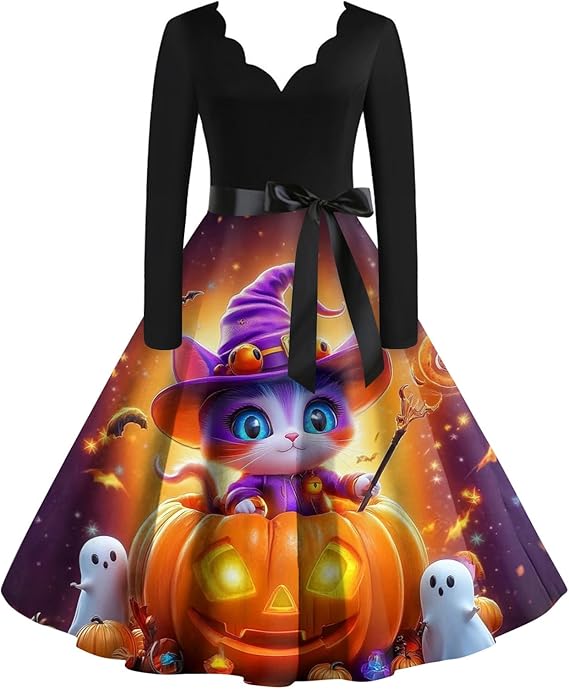 OIOLOYJM Sexy Plus Size Halloween Costumes Woman 2025 Long Sleeve V Neck Printed Gothic Retro Formal Party Dresses for Women