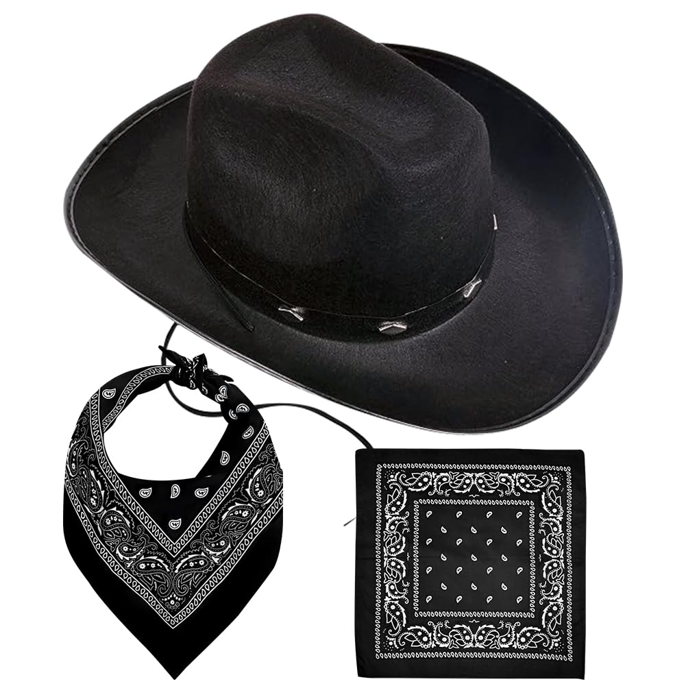 HATFRYF Cowboy Hat, 2 pack Western Cowboy Hats, with Black Scarf, Cowgirl Hat Set, Unisex Felt Western Hats and Texas Costume Accessories for Men, Women, Adults Wild Fancy Dress Party
