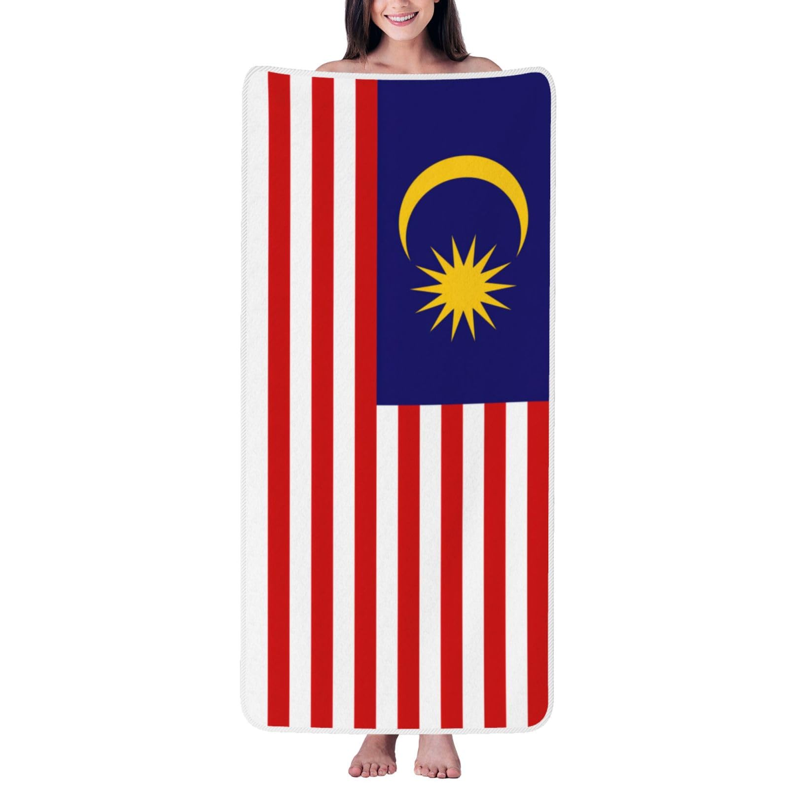 Nimongt Unisex White Malaysia Flag Print Lightweight Comfort Coral Velvet Bath Towel Home Bathroom Hotel Spa Beach Travel