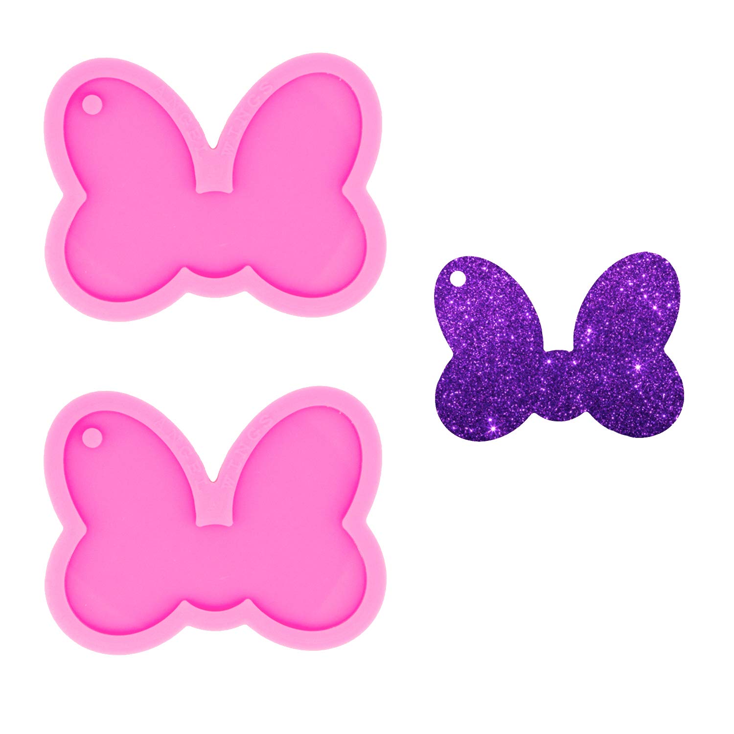 2 PCS Glossy Shiny Cue Bow Shape Girl Gift Keychain Silicone Mold with Hole for DIY Trinket Crystal Candy Pendant Cake Decoration Luggage Tag Desserts Earrings Pudding Fondant Mold