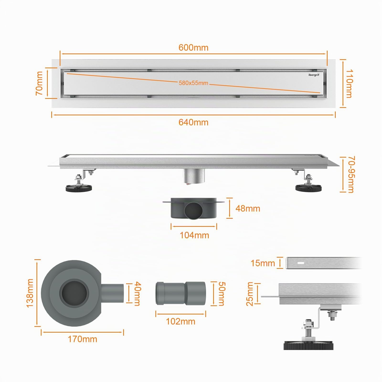 Ibergrif Edelstahl Duschrinne 60 cm Komplettset, Bodenablauf, Siphon mit Geruchsstop, Haarsieb, Befliesbar, Extra flach, Schnelle Drainage | Doppelseitiges Design, vermischt sich mit Bodenfliesen, Geruchsstop, Haarsieb, 360° drehbar, Entwässerungsk