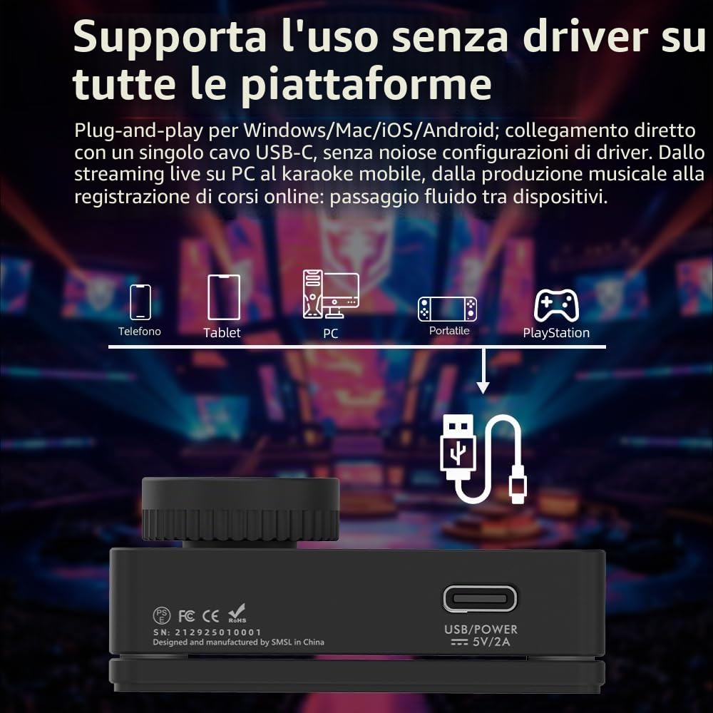SMSL Nano one, scheda audio esterna da gioco, ingresso microfono/USB, uscita cuffie da 3,5 mm, musica/gioco/virtuale/potenziamento vocale si collega a telefoni/tablet/computer (Nero)