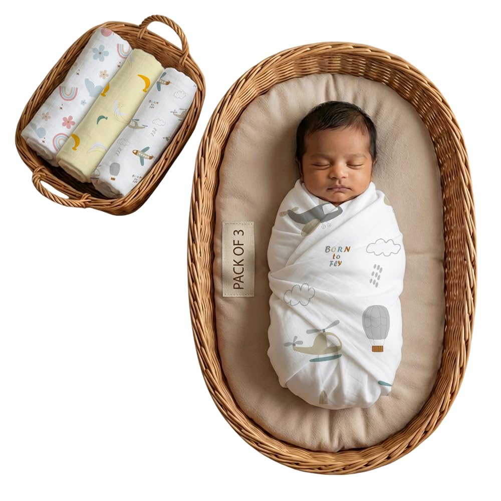 Mookoo Muslin Swaddle for New Born Baby | Swaddle Wrap for Newborn | Soft Muslin Cloth Baby Wrapper Newborn | Pack of 3 | Airplane,Banana,Snail