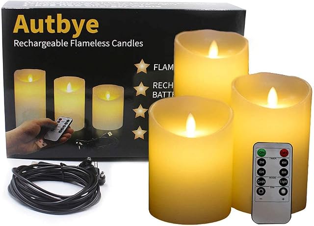 Autbye Flameless Candles Electric with Rechargeable Battery (2019 Advanced Edition) Extra Bright Ivory 3 Pack 4" 5" 6" Dripless Real Wax Pillars LED Smart Candle Flickering with 10-Key Remote Control