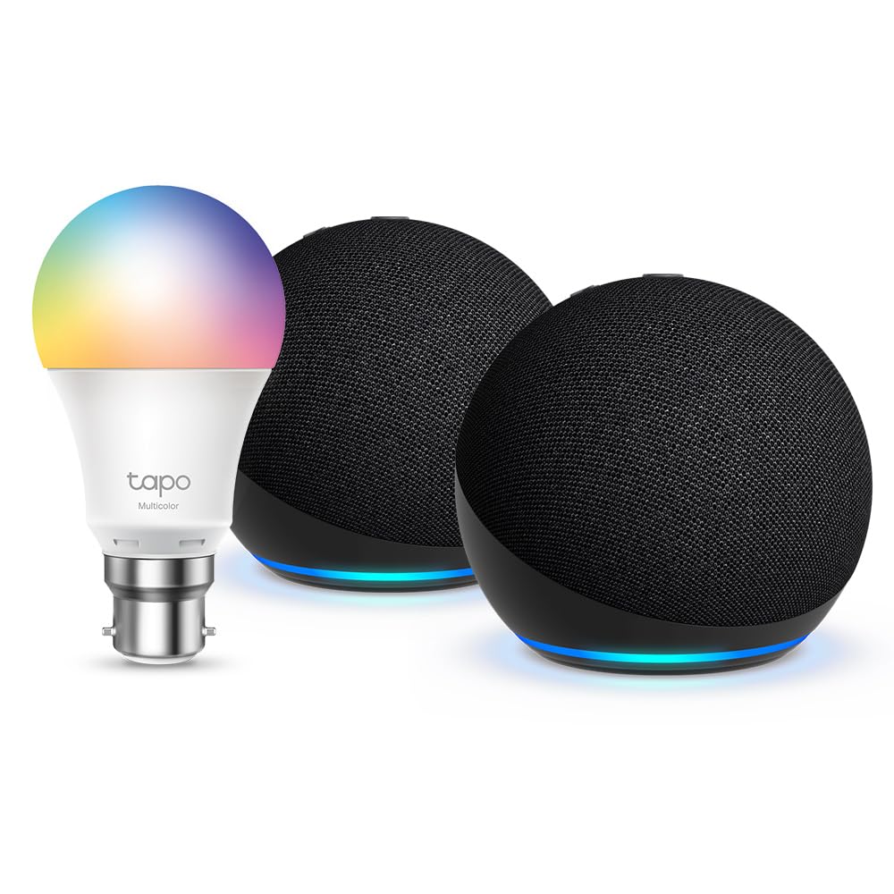 Echo Dot (5th generation) | Charcoal, 2-pack + Tapo L530BA Smart Light Bulb (B22), Works with Alexa - Smart Home Starter Kit