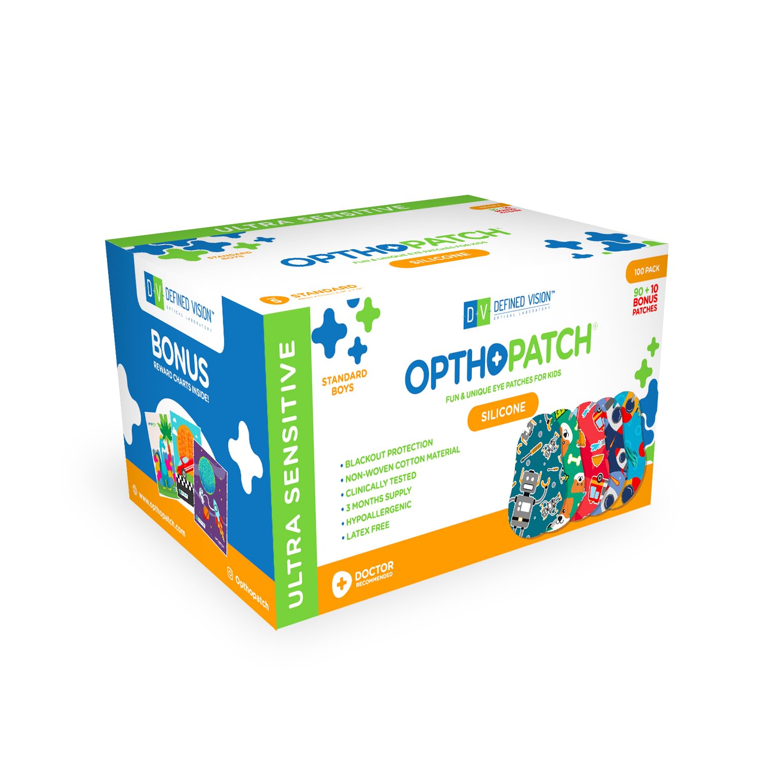 Opthopatch Eye Patches for Kids with Ultra Sensitive Silicone Adhesive, 100 Hypoallergenic Patches for Amblyopia & Lazy Eye, Cool Boy-Friendly Designs