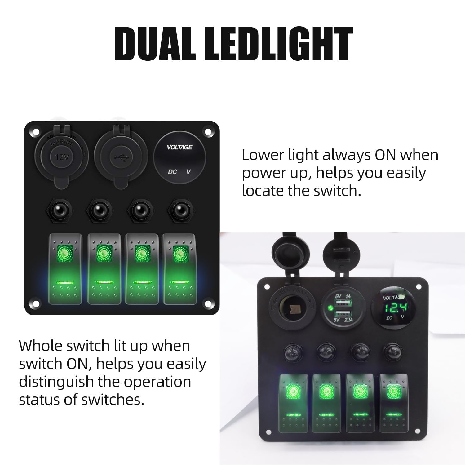 Generic 4 Gang Marine Boat Waterproof Rocker Switch Aluminum Panel with LED Digital Voltmeter Dual USB Car Socket DC 12V 24V ON Off Rocker Light Switch 5 Pin (Green), AS-4+4+3
