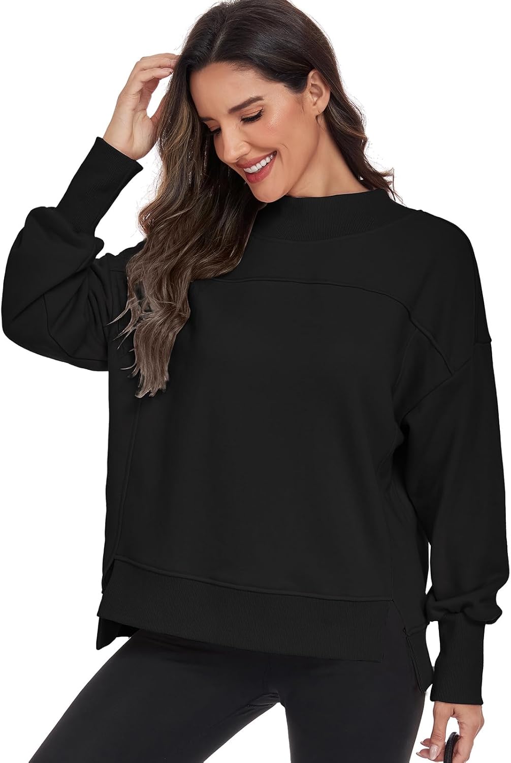 HOUZONIY Womens Long Sleeve Sweatshirt Crewneck Side Slit Soft Lightweight Workout Casual Fall Fashion Basic Pullover Tops - Image 3