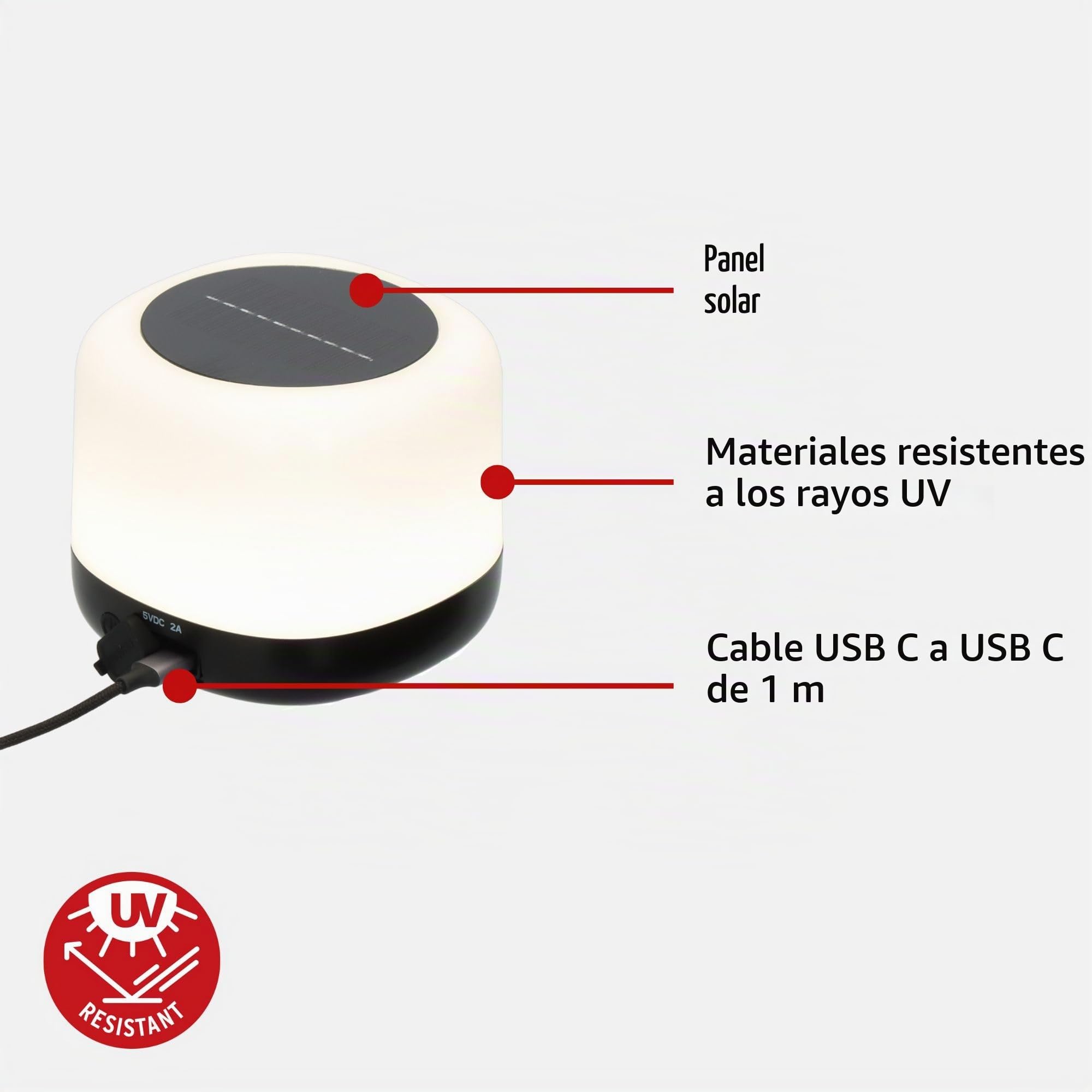 Brennenstuhl Lámpara LED solar recargable para exteriores GL 400 AS (Luz de camping IP44 con 400lm, hasta 45h de duración de luz, 3 niveles de conmutación, batería 18650 recambiable, cable de USB C)