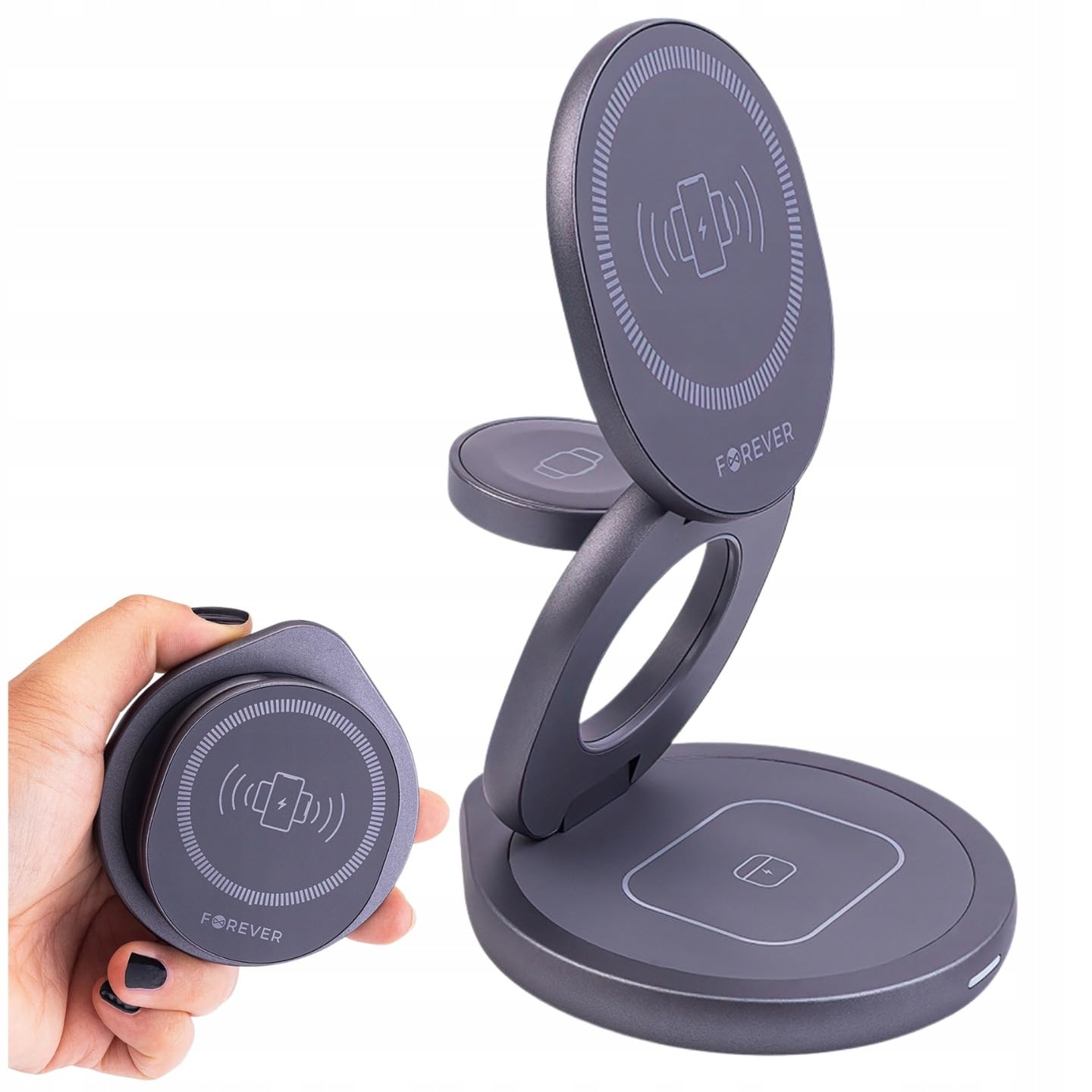 Forever - Estación de carga magnética inductiva 3 en 1 gris - Soporte con cargador inalámbrico de 15 W - Cargadores de teléfono con rotación de 360° - Estación de cargador de inducción para iPhone