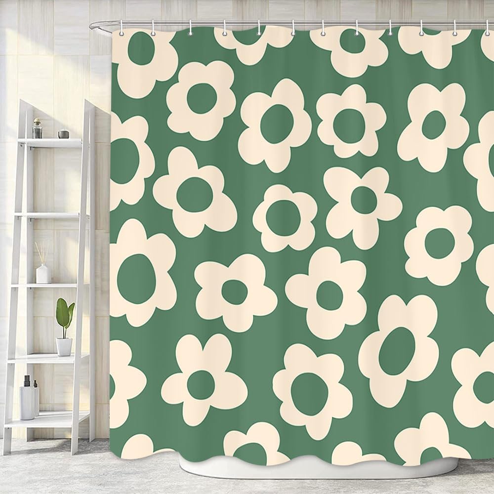 Boho Sage Green Daisy Flower Shower Curtain for Bathroom, Aesthetic 2000s 70s Retro Abstract Groovy Fun Bathroom Accessory Set, Modern Cute Geometric Minimalist Beige Teen Girl Bath Curtain, 69X75in
