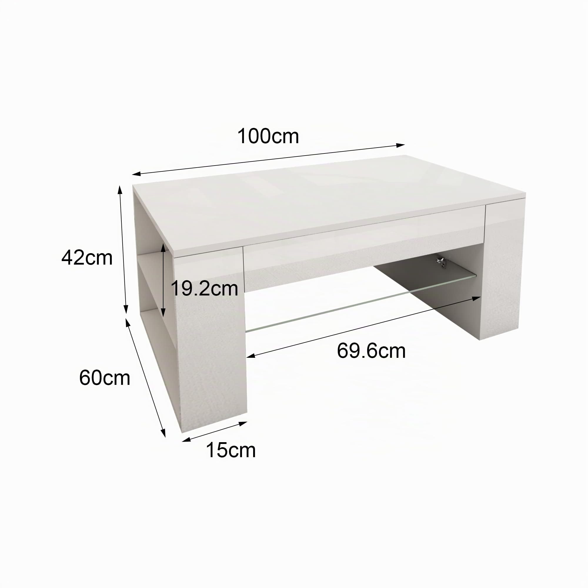 ML-Design Mesa de Centro y Estante de Almacenamiento 100 x 42 x 60 cm Revestido Blanco con Balda de Vidrio y 4 Compartimentos Laterales Elegante Mesita de Café Rectangular para Salón
