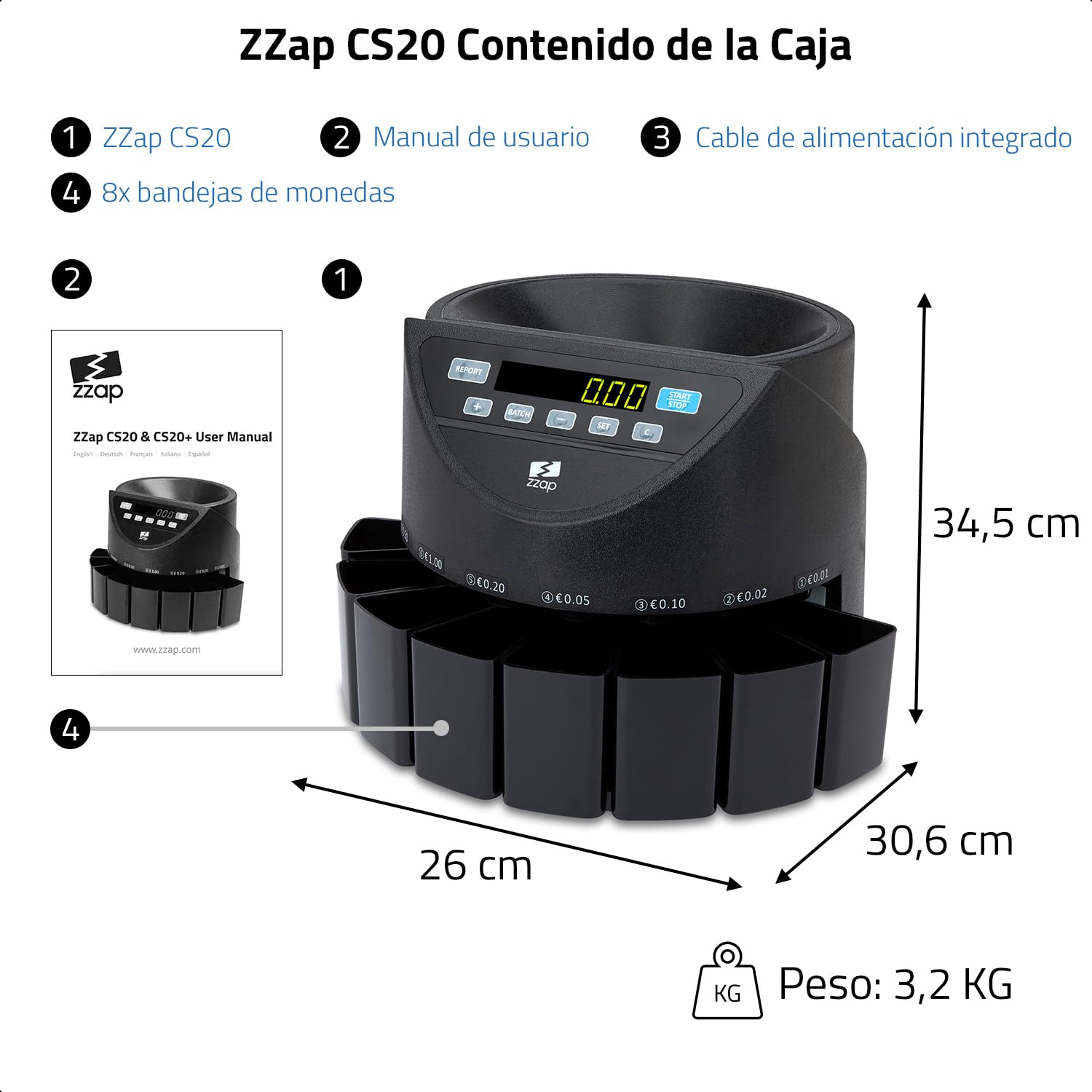ZZap CS20 - Contadora y clasificadora automática de monedas EURO – Velocidad de conteo de 220 monedas/minuto, recuento por lotes ¡y más!