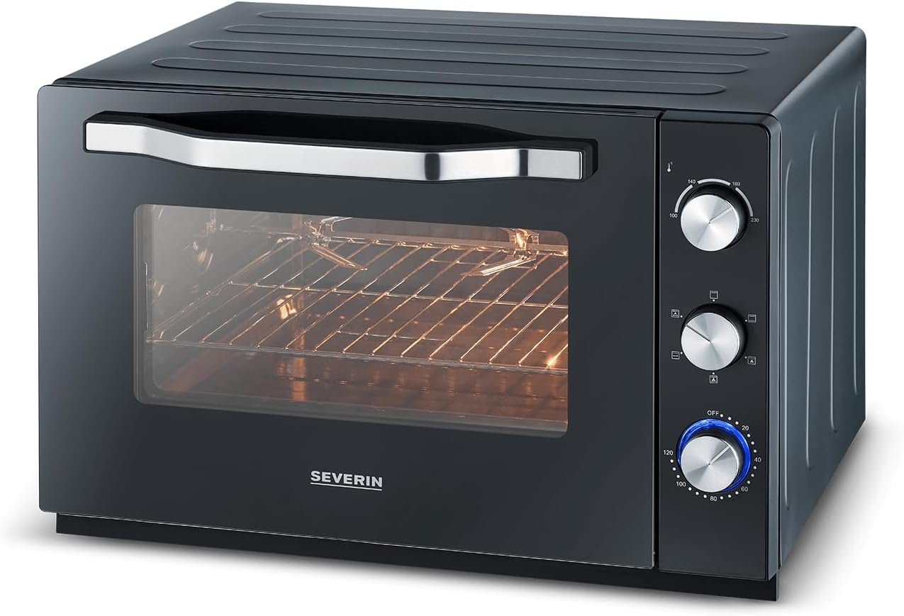 SEVERIN XXL Toaster Oven with Convection Function, Mini Toaster Oven with Rack and Tray, Small Oven with Pizza Stone and Rotisserie 2200 W, 60 L, Black, TO 2073