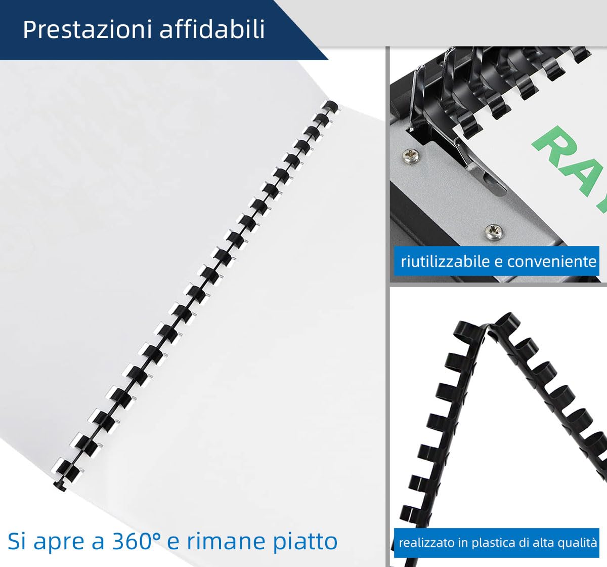 RAYSON Dorsi Plastici per Rilegatura Miste Dimensioni, 6mm/8mm/10mm/12mm, 25 Pezzi per Misura, Capacità di Rilegatura 20-90 Fogli, A4, Nero, Confezione da 100