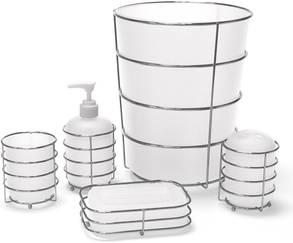 Allure Home Creation 5-Piece Metal Wire and Plastic Countertop Bathroom Accessories Set-Lotion or Soap Dispenser/Pump,Toothbrush Holder,Tumbler, Soap Dish and Trash Can-White