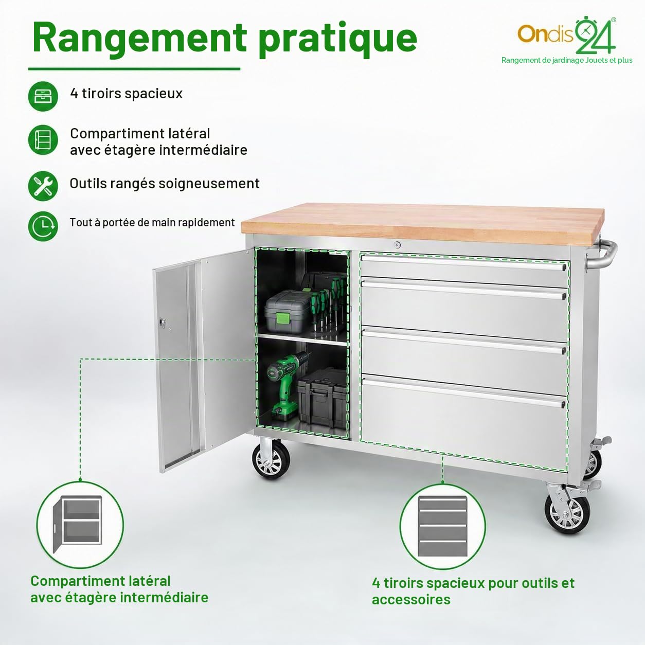 Ondis24 Chariot d'atelier en acier inoxydable avec 4 tiroirs à roulement facile et plan de travail en bois massif XL - Roulettes pivotantes - Gris - 130 x 49 x 92 cm